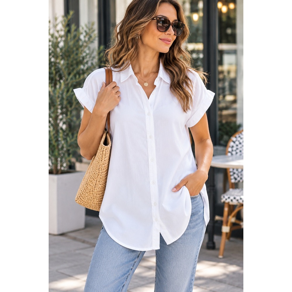 Cloth & Stone White Short Sleeve Button Down High Low Shirt Women Medium